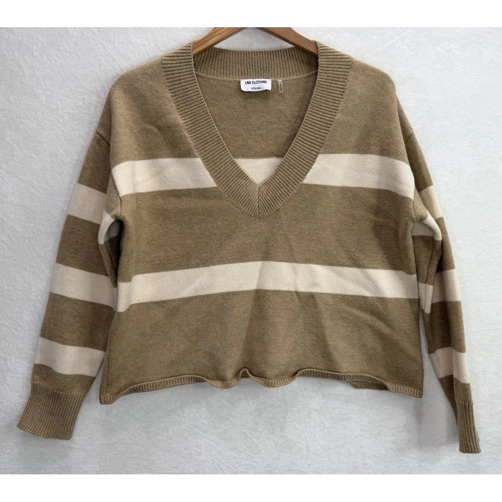 LNA Clothing Women's Stripe Crop V-Neck Sweater Tan and Cream Size XS